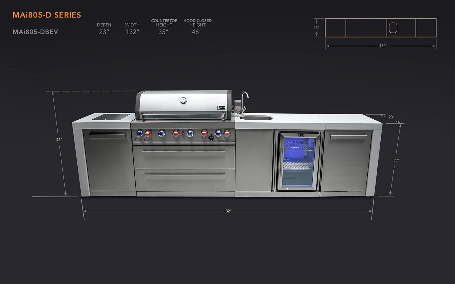 Mont Alpi Premium 132'W Deluxe Stainless Steel Outdoor Kitchen Island with Beverage Center Refrigerator Faucet & Sink + 44'W 6-Burner BBQ Grill + Griddle Plate + Charcoal Tray + Side Burner Pizza Oven