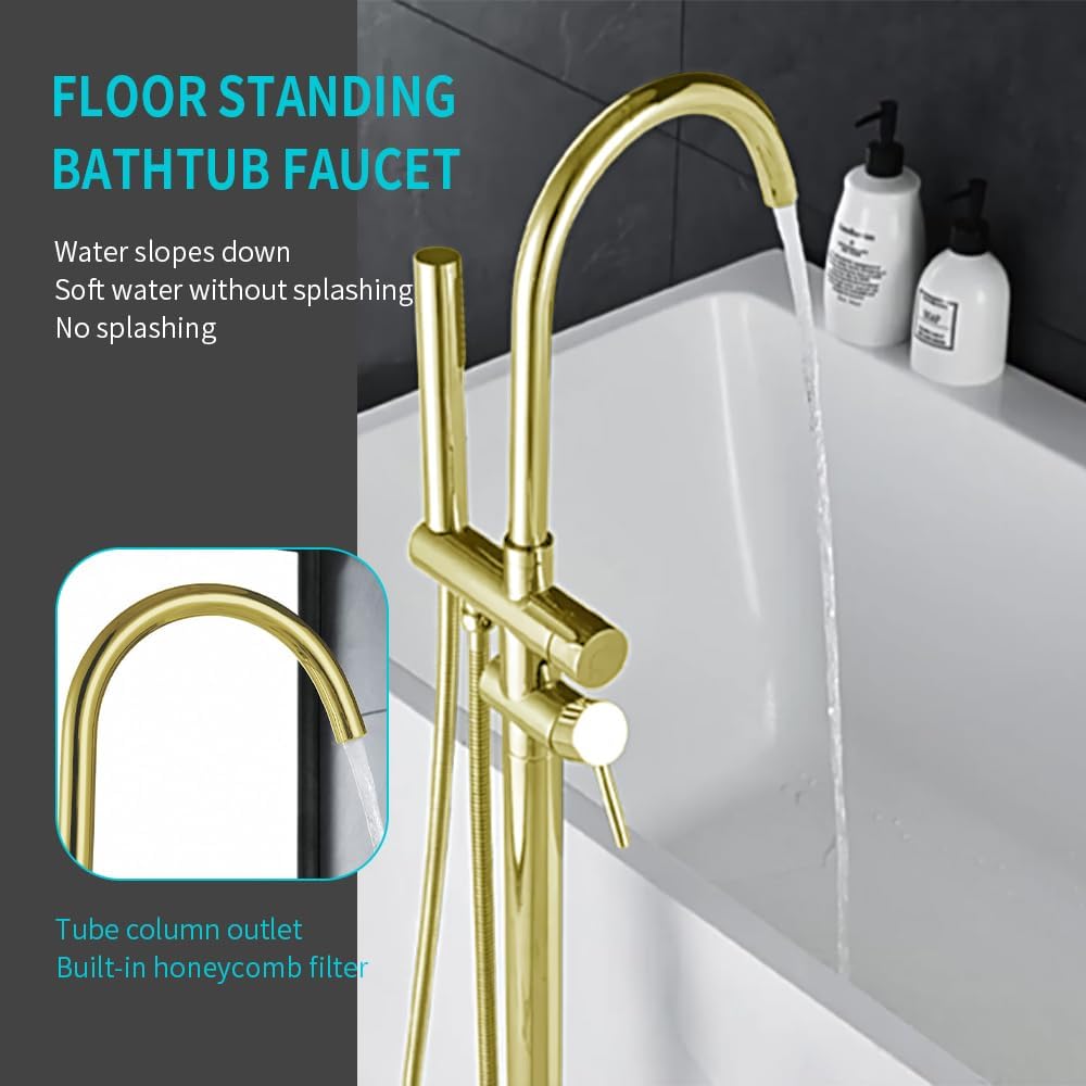 Floor Mount Bathtub Faucet, Freestanding Tub Filler, Standing Swivel Spout Shower Faucets Shower Mixer Taps with Cylinder Handheld Shower (Brushed Gold, With Embedded Box)