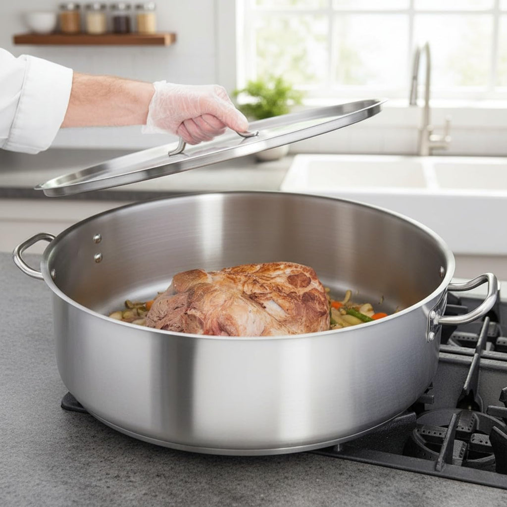 TrueCraftware- 30 Quart Stainless Steel Braiser Pot with Encapsulated Base and Cover - Heavy-Duty Brazier Pot Cookware Braiser for Soup Meat Bread Baking Dishwasher Safe and Oven Safe NSF Certified