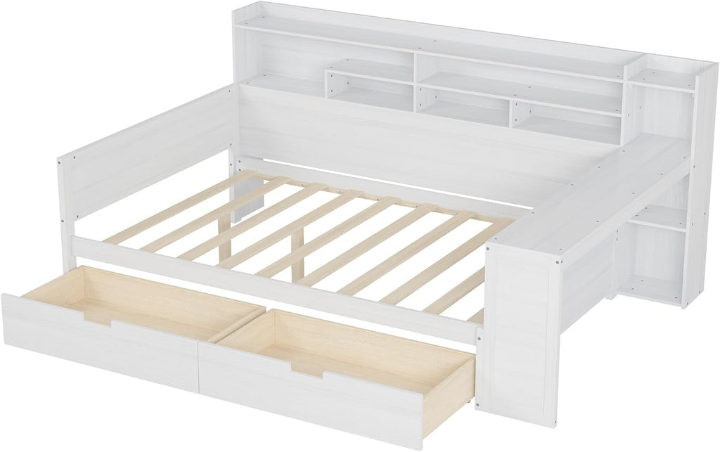 Full Size Daybed with Desk,Storage Drawers and Shelves, Pine Wood Captains Bed Frame with Bookcase and Headboard for Kids Boys Girls Teens, Antique White