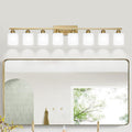 8 Light Bathroom Light Fixtures Gold for Big Mirror, Brushed Gold Vanity Lights for Bathroom with Milky White Frosted Glass Shades, 51 inch Wall Sconce for Mirrors Living Room Bedroom