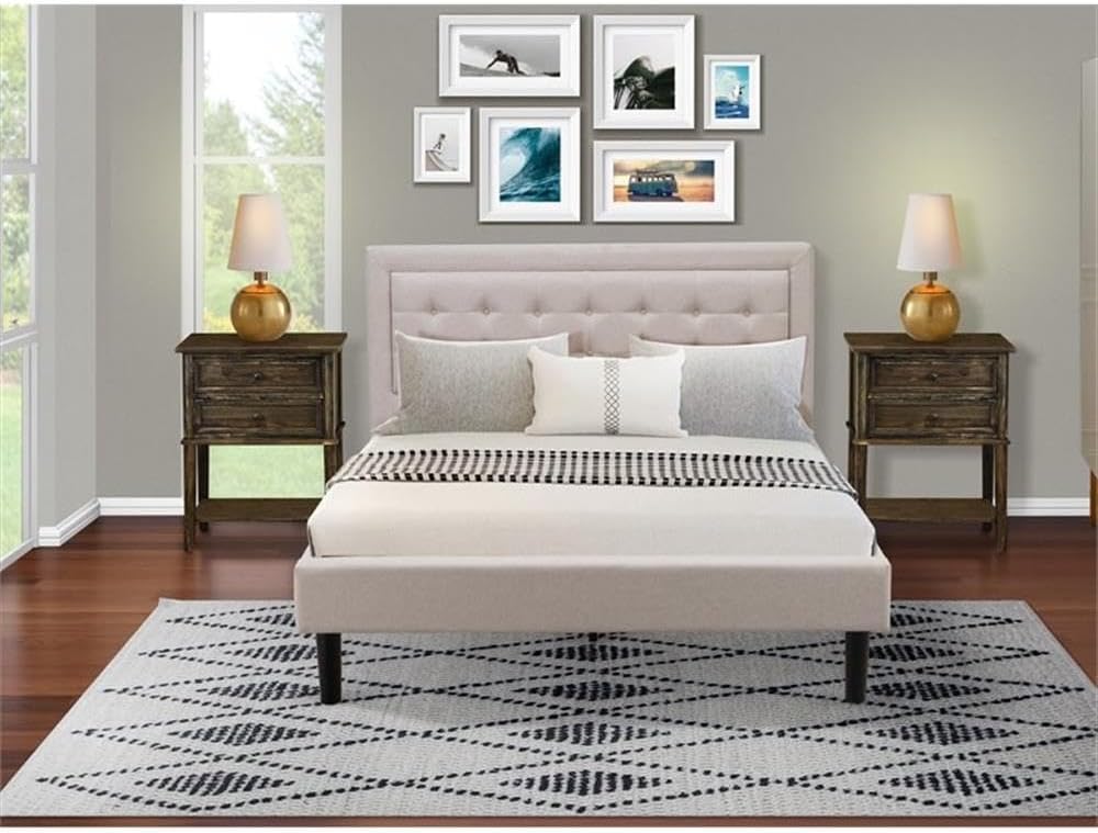 East West Furniture FN08Q-2VL07 3-Piece Fannin Bed Set with 1 Wingback Bed and 2 Small Nightstands - Reliable and Sturdy Manufacturing - Mist Beige Linen Fabric