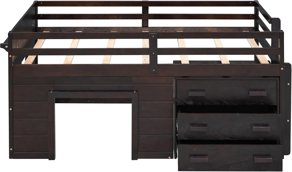 Ball & Cast Twin Size Low Loft Bed with Safety Guardrail & Stair,Wooden Bedframe W/Cabinet & Shelf,Solid Construction,No Spring Box Needed,Furniture Set for Boys Girls Keens Study Bedroom,Espresso