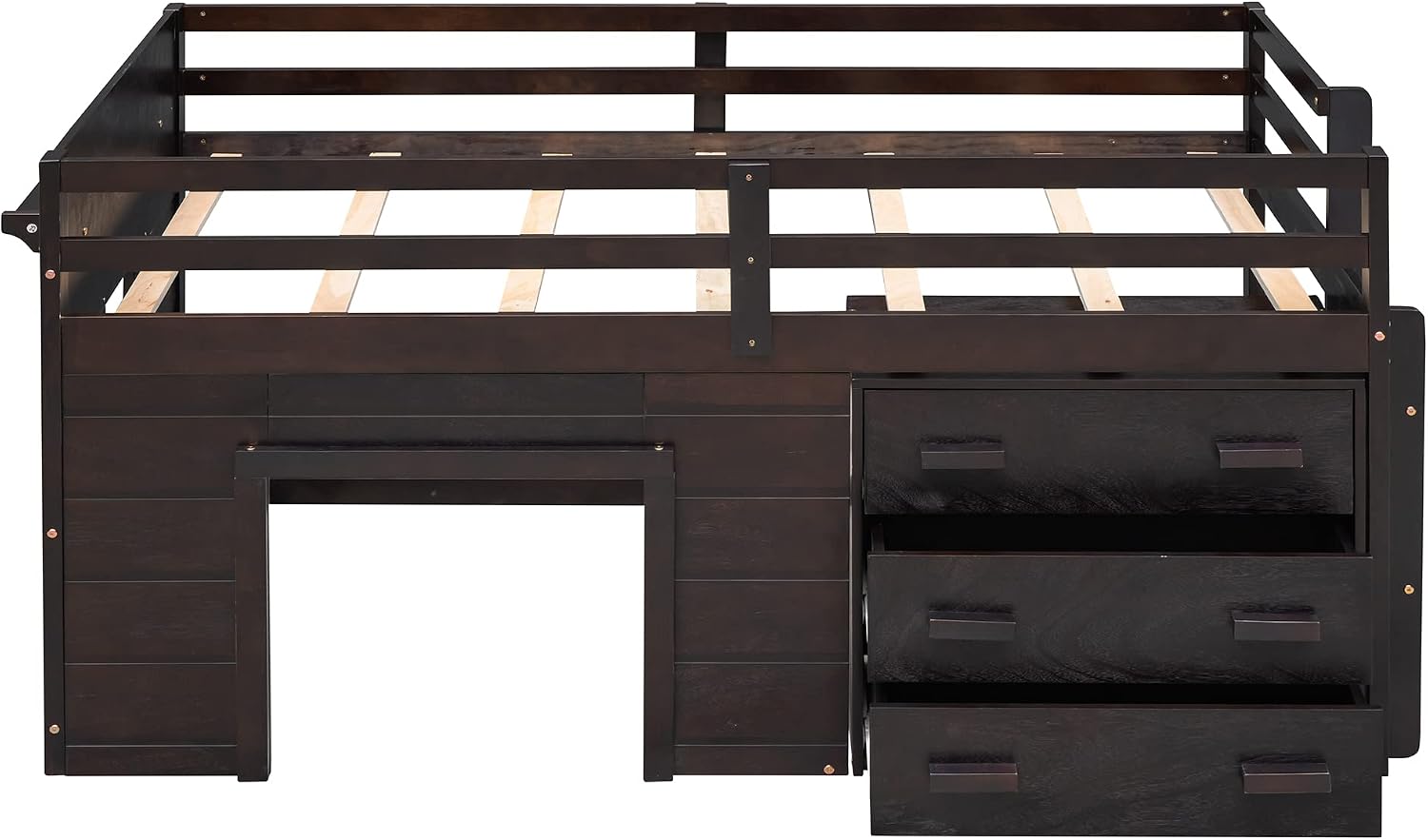 Ball & Cast Twin Size Low Loft Bed with Safety Guardrail & Stair,Wooden Bedframe W/Cabinet & Shelf,Solid Construction,No Spring Box Needed,Furniture Set for Boys Girls Keens Study Bedroom,Espresso