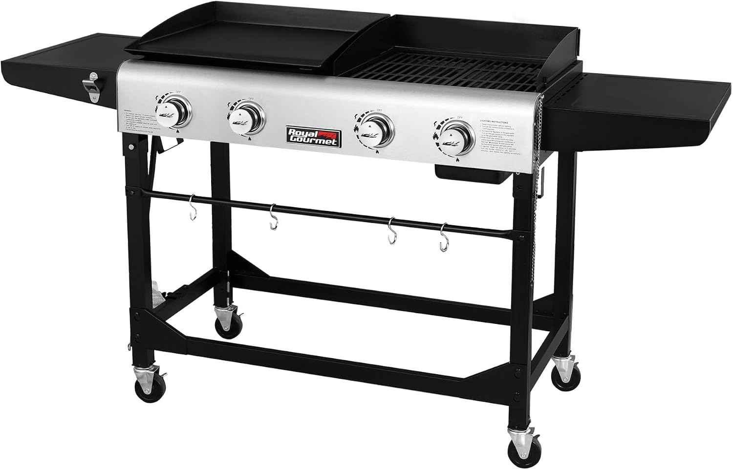 Royal Gourmet GD401 Portable Propane Gas Grill and Griddle Combo with Side Table & Classic Accessories,55-992-040401-EC, Water-Resistant 63 Inch Flat Top Griddle Cover,Black,Large