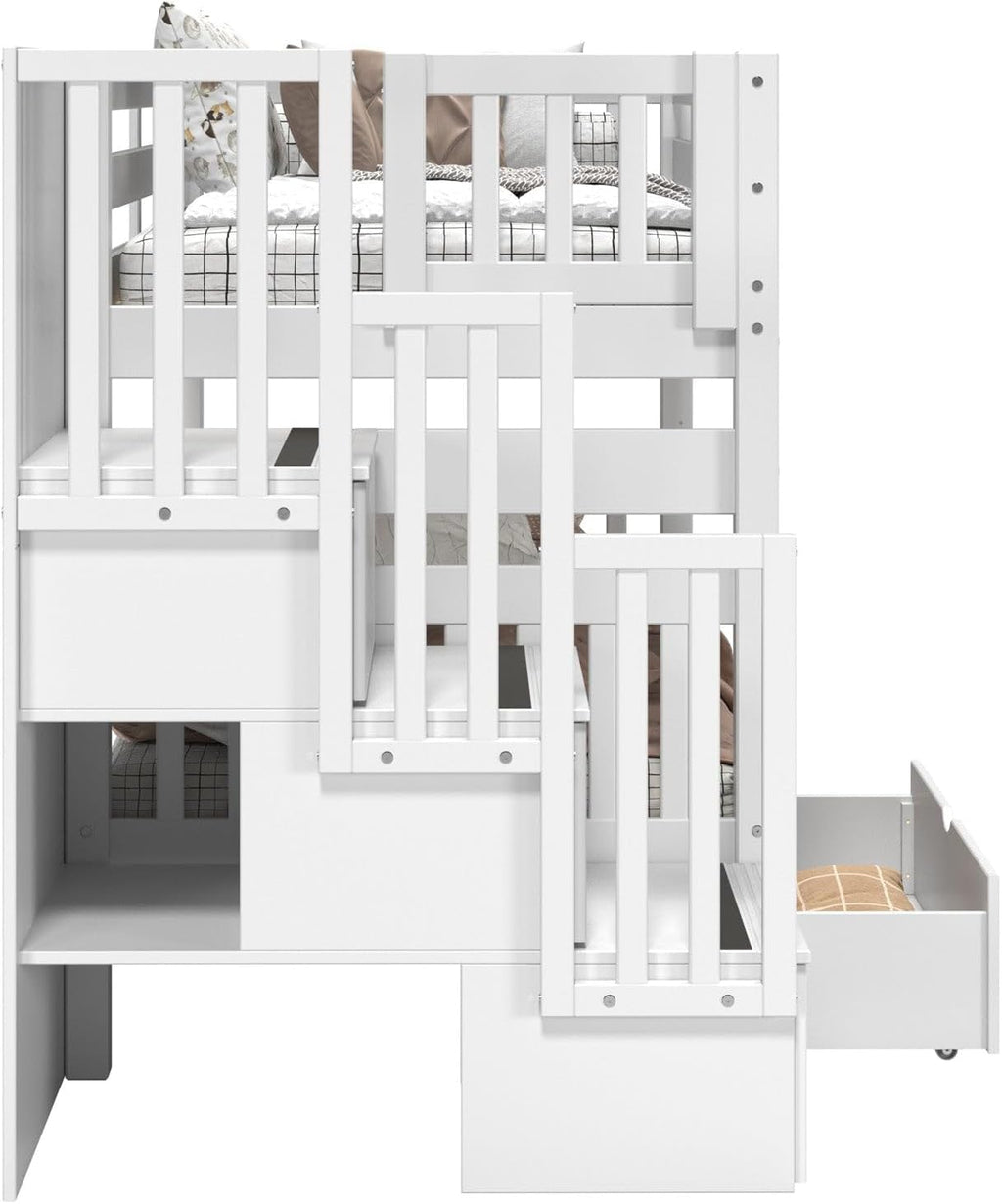 Bedz King Stairway Bunk Beds Twin Over Twin, 3 Step Drawers, 2 Storage Drawers, White