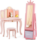 Costzon Kids Vanity & Jewelry Armoire Cabinet, Kids Makeup Vanity Table and Chair Set, 360° Swivel Standing Jewelry Organizer with Full-Length Mirror, Kids Bedroom Furniture Set for Girls (Pink)