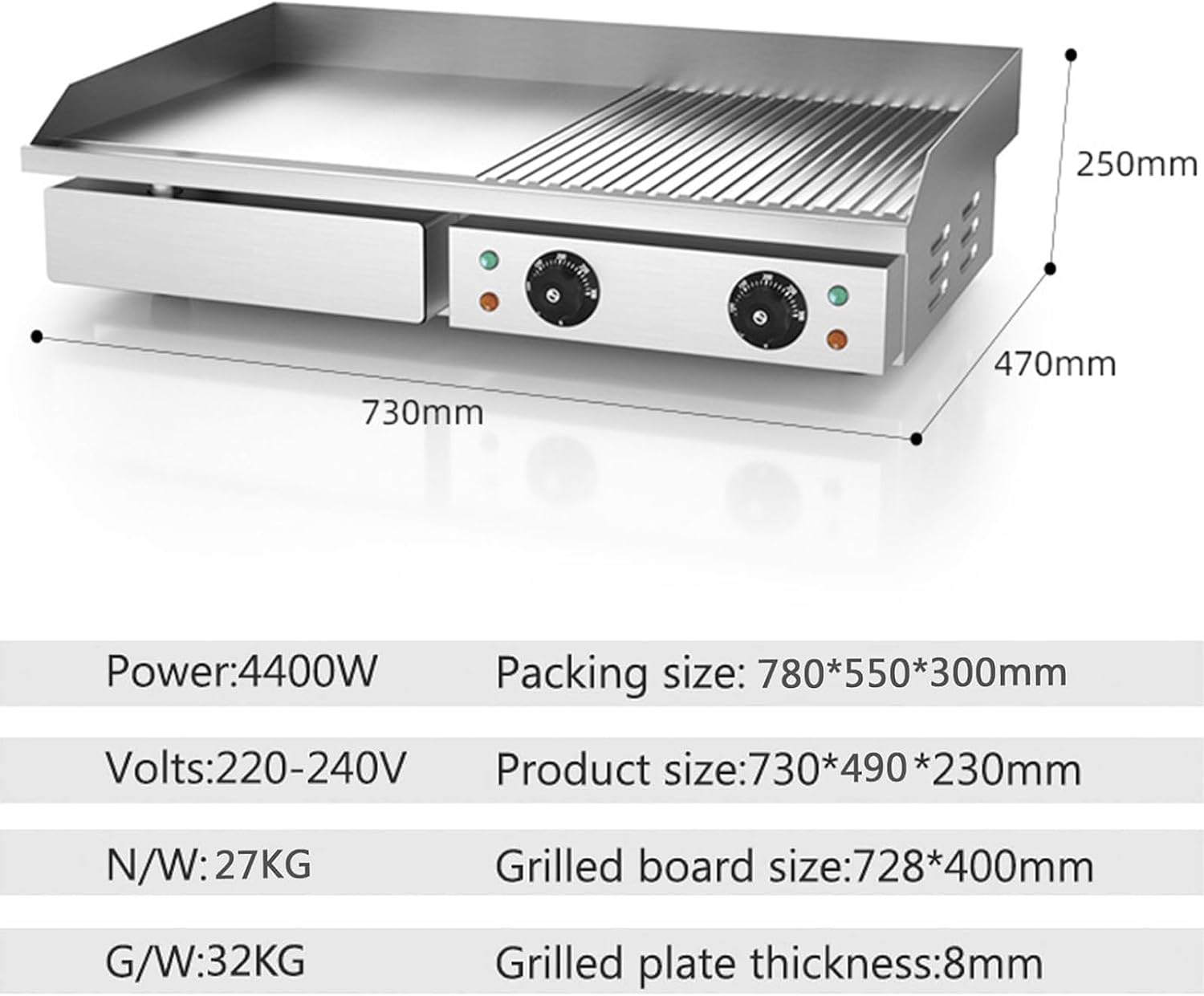 28.7' Commercial Electric Griddle, Electric Countertop Flat Top Griddle 220V 4400W Half Grooved/Flat