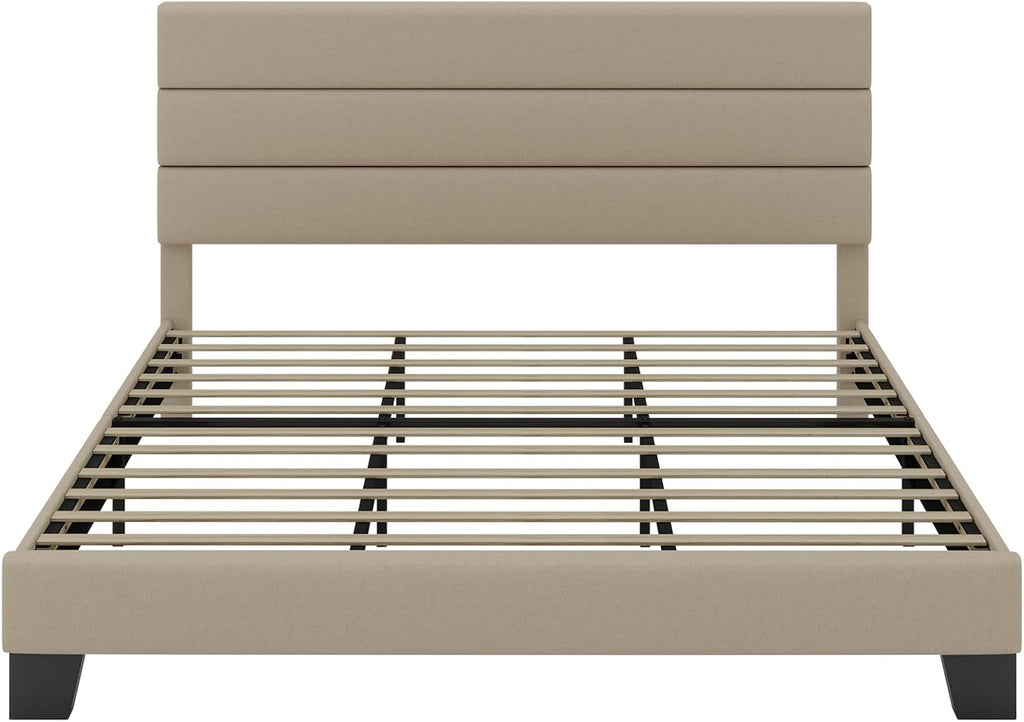 SHA CERLIN King Platform Bed Frame with Upholstered Fabric Headboard, Mattress Foundation with Strong Wooden Slats Support, No Box Spring Needed, Beige