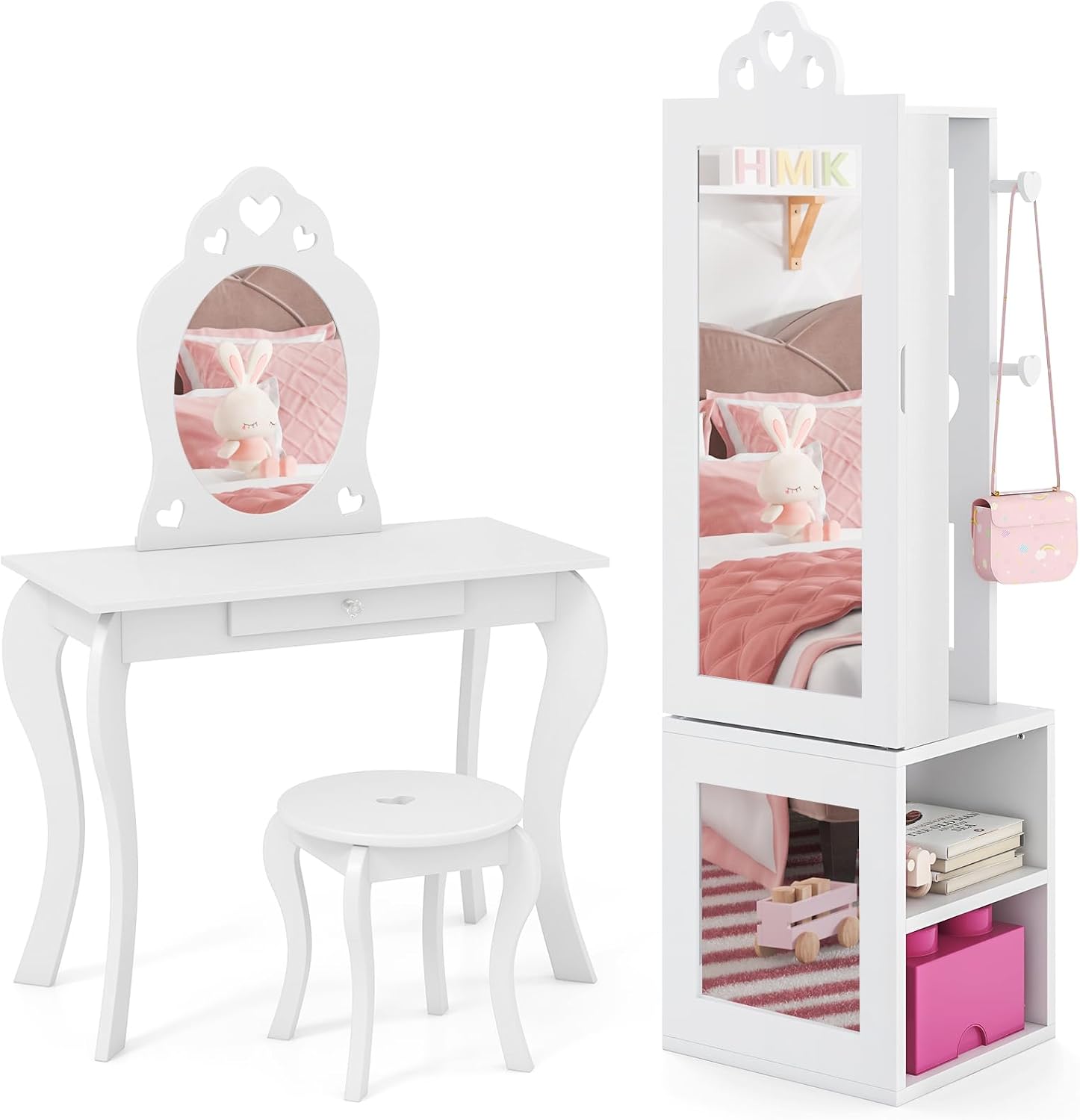 Costzon Kids Vanity & Jewelry Armoire Cabinet, Wooden Kids Vanity Table and Chair Set, Standing Jewelry Organizer with Full-Length Mirror, Large Storage, Kids Bedroom Furniture Set for Girls (White)