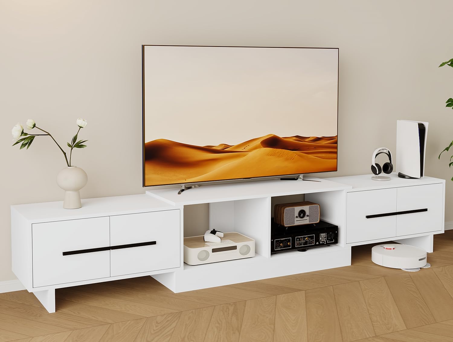 Extendable TV Stand, Modern Media Console for Up to 100 Inch TV, 67'-90' Extendable Entertainment Center with 2 Large Cabinets & Open Shelves, TV Cabinet for Living Room-White