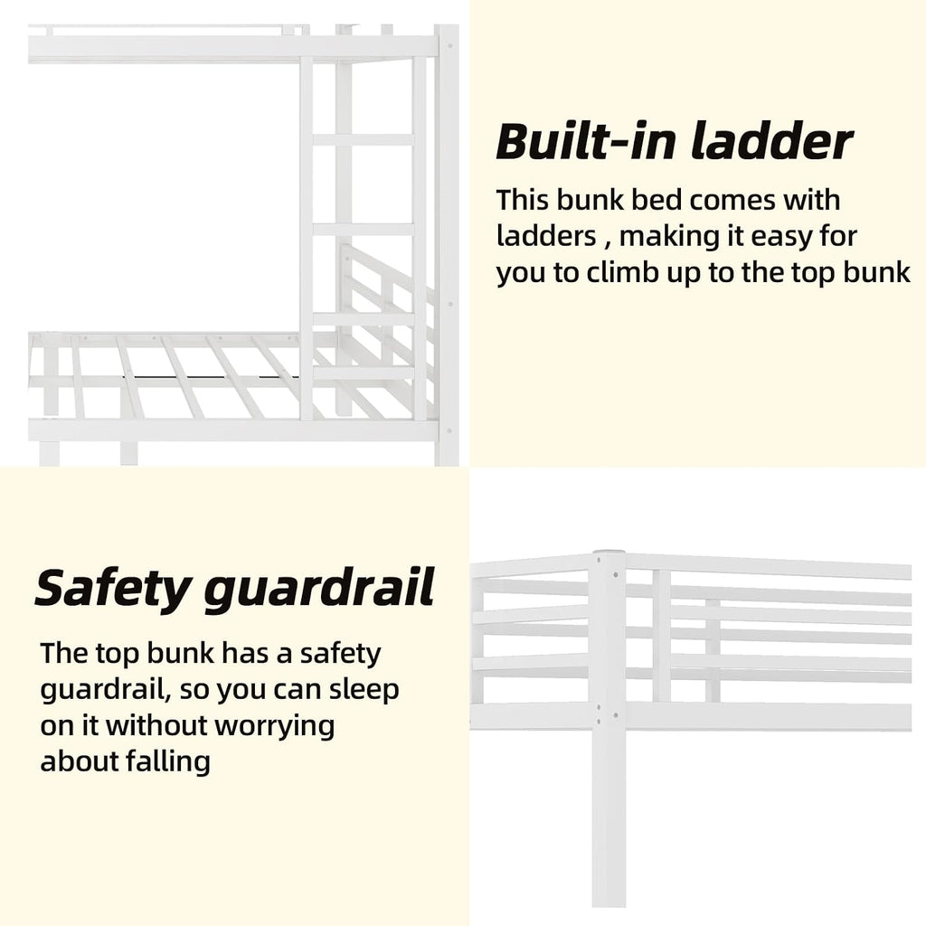 Twin XL Over Twin XL Bunk Bed Frame, Heavy Duty Metal Loft Bed for Adults/Teens, 350/500LB Capacity w/Ladder & Guardrail, Noise-Free Steel Slats, No Box Spring Required, White