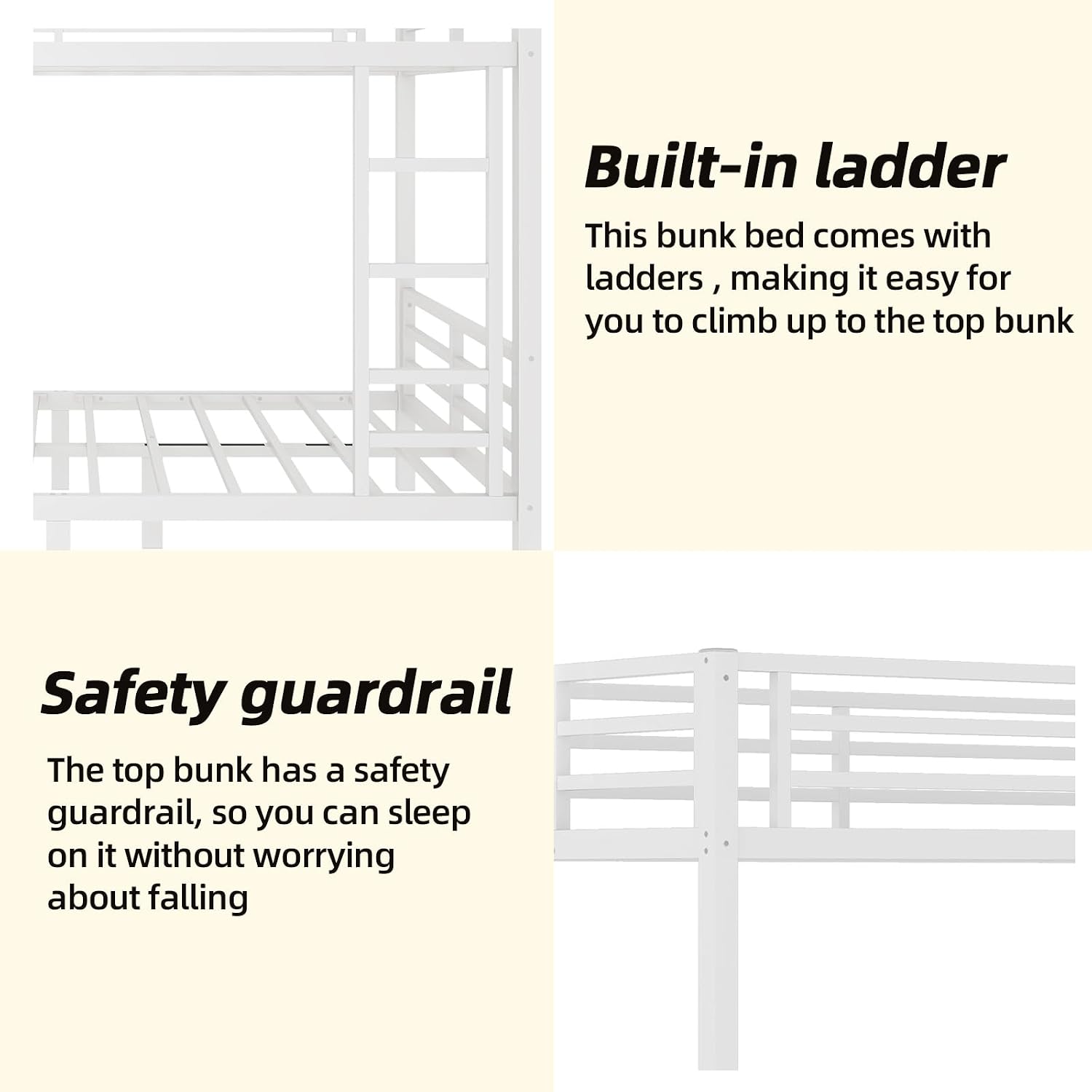 Twin XL Over Twin XL Bunk Bed Frame, Heavy Duty Metal Loft Bed for Adults/Teens, 350/500LB Capacity w/Ladder & Guardrail, Noise-Free Steel Slats, No Box Spring Required, White