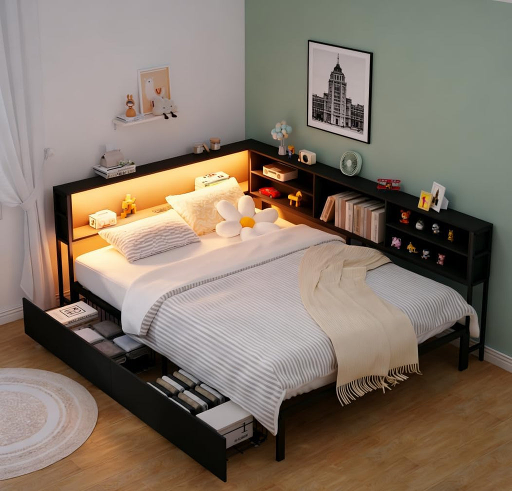 Bellemave Full Corner Bed Frame with Storage, Full Captains Bed with Charging Station, LED Light, Wood Daybeds with L-Shaped Bookcase and 2 Drawers, Black