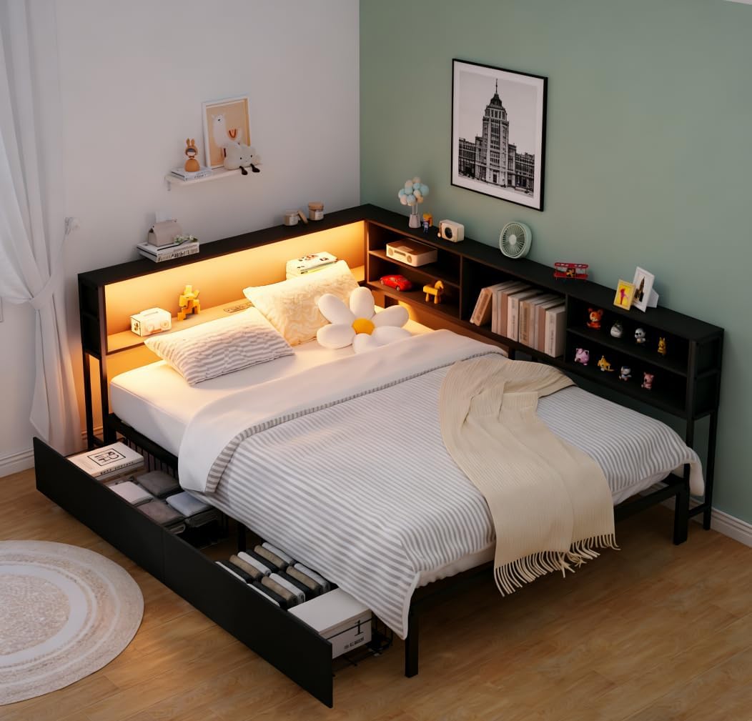 Bellemave Full Corner Bed Frame with Storage, Full Captains Bed with Charging Station, LED Light, Wood Daybeds with L-Shaped Bookcase and 2 Drawers, Black