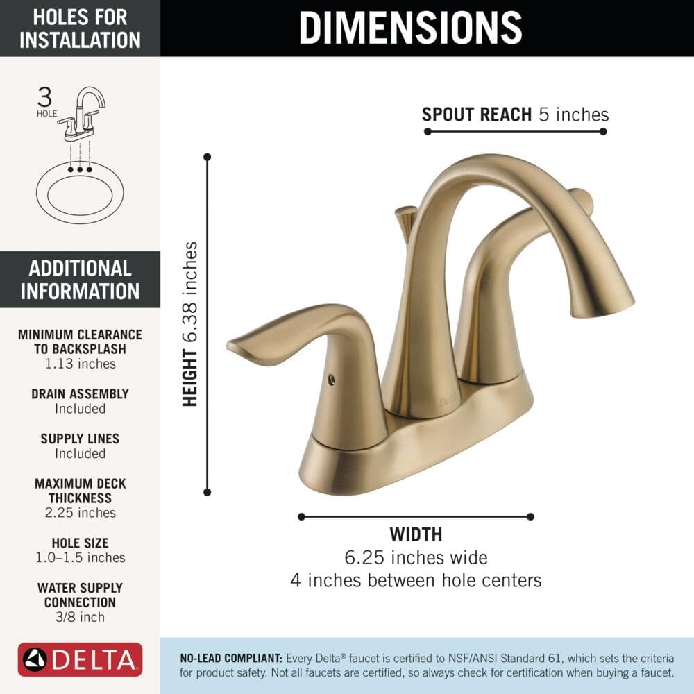 Delta Lahara Centerset Brushed Gold Bathroom Faucet, 4 Inch 3 Hole Bathroom Sink Faucet for Vanity, Metal Push-Pop Drain Assembly, Champagne Bronze 2538-CZMPU-DST