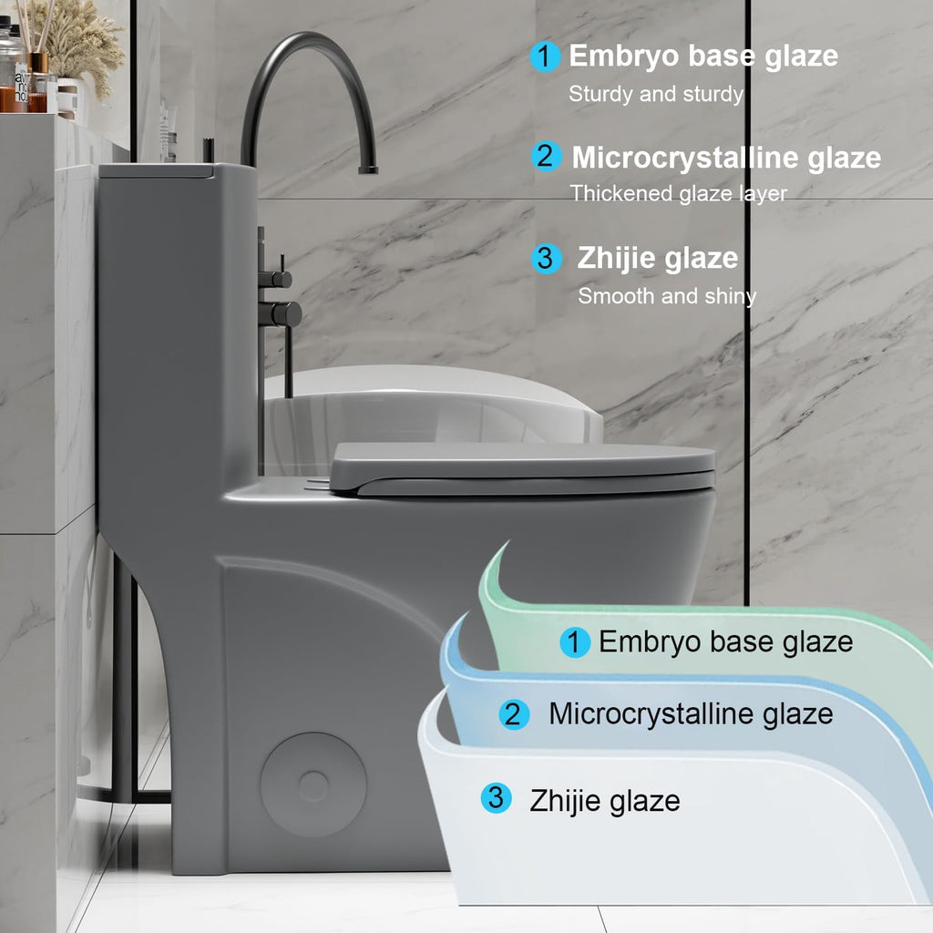 Elongated One Piece Toilet with Comfort Chair Seat ADA Height 17.3' Modern Toilet for Bathroom, Dual Flush 0.8/1.6 GPF and MAP 1000g, 12' Rough-In, Soft Closing Seat, Light gray