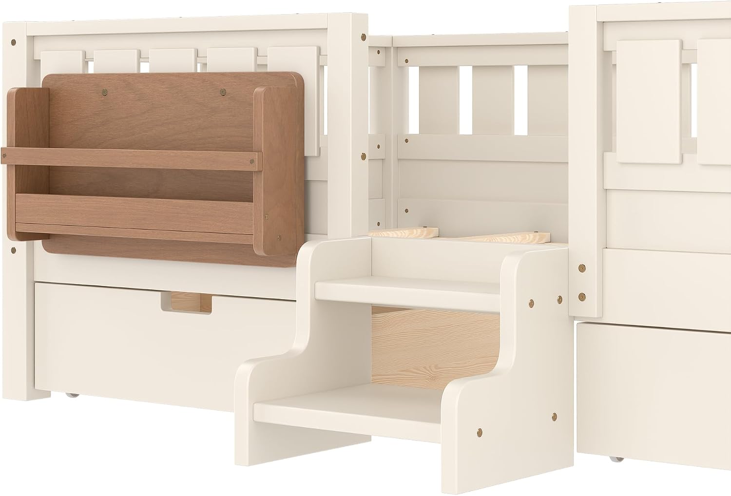 Bellemave Twin Montessori Bed with Stairs, Rails and Slats, Twin Size Montessori Floor Bed with Bookshelf and 2 Storage Drawers, Easy Assemble Beds Frame for Girls, Boys, Beige