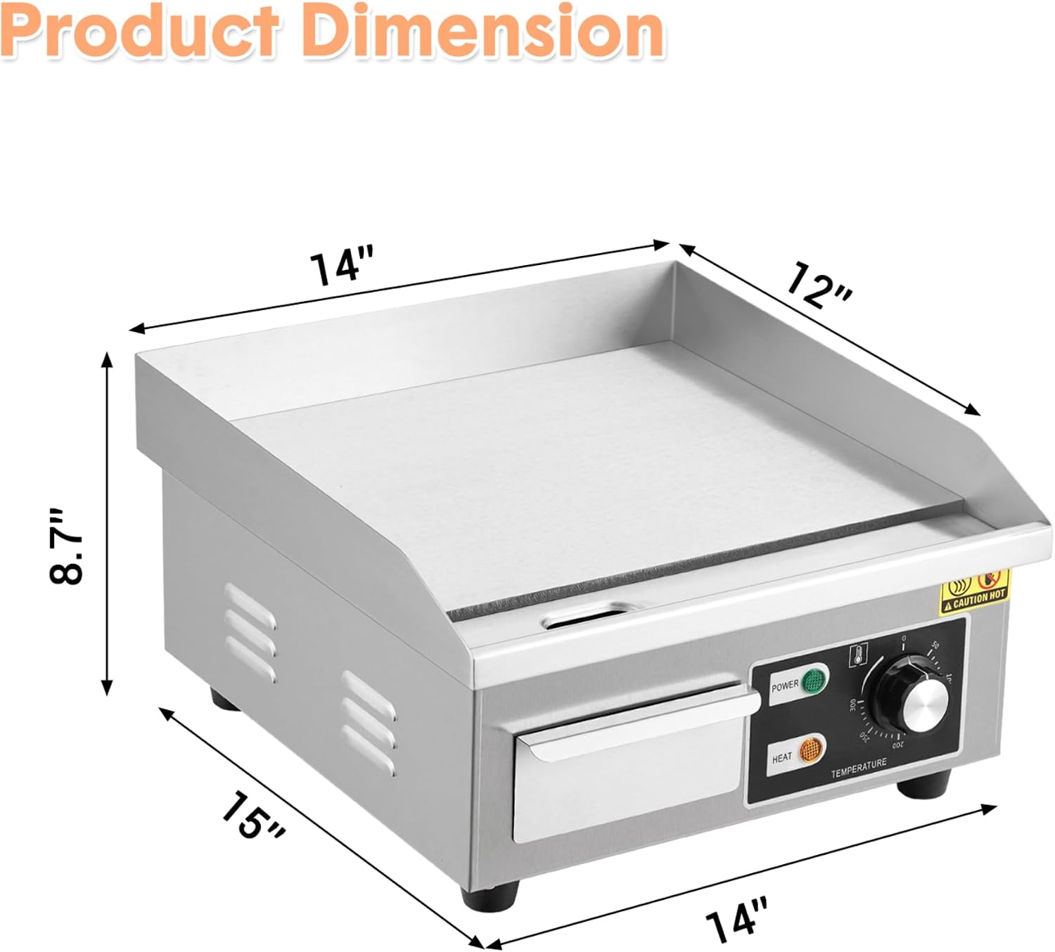 14' Commercial Electric Griddle, Stainless Steel Countertop Griddle, Electric Flat Top Grill With Shovel Brush, Restaurant Teppanyaki Grill Cooking Equipment, Temperature Control 50°C - 300°C