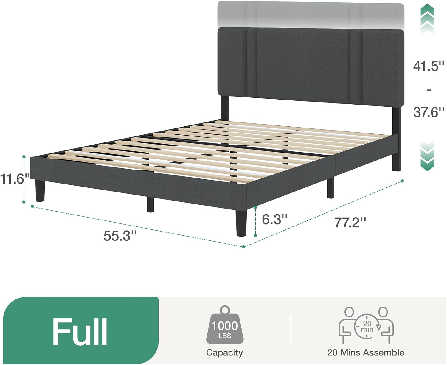 Novilla Full Size Bed Frame with Adjustable Headboard Platform Full Bed Frame with Linen Fabric Upholstered Headboard, No Box Spring Needed, Wooden Slats Support, Easy Assembly, Dark Grey