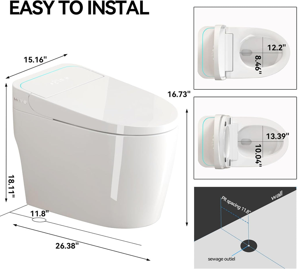 One Piece Toilet,Smart Toilet with Bidet Built In,Ceramic Toilet with Dryer and Warm Water, Intelligent Toilet Auto Open/Close Seat,Heated Seat,White