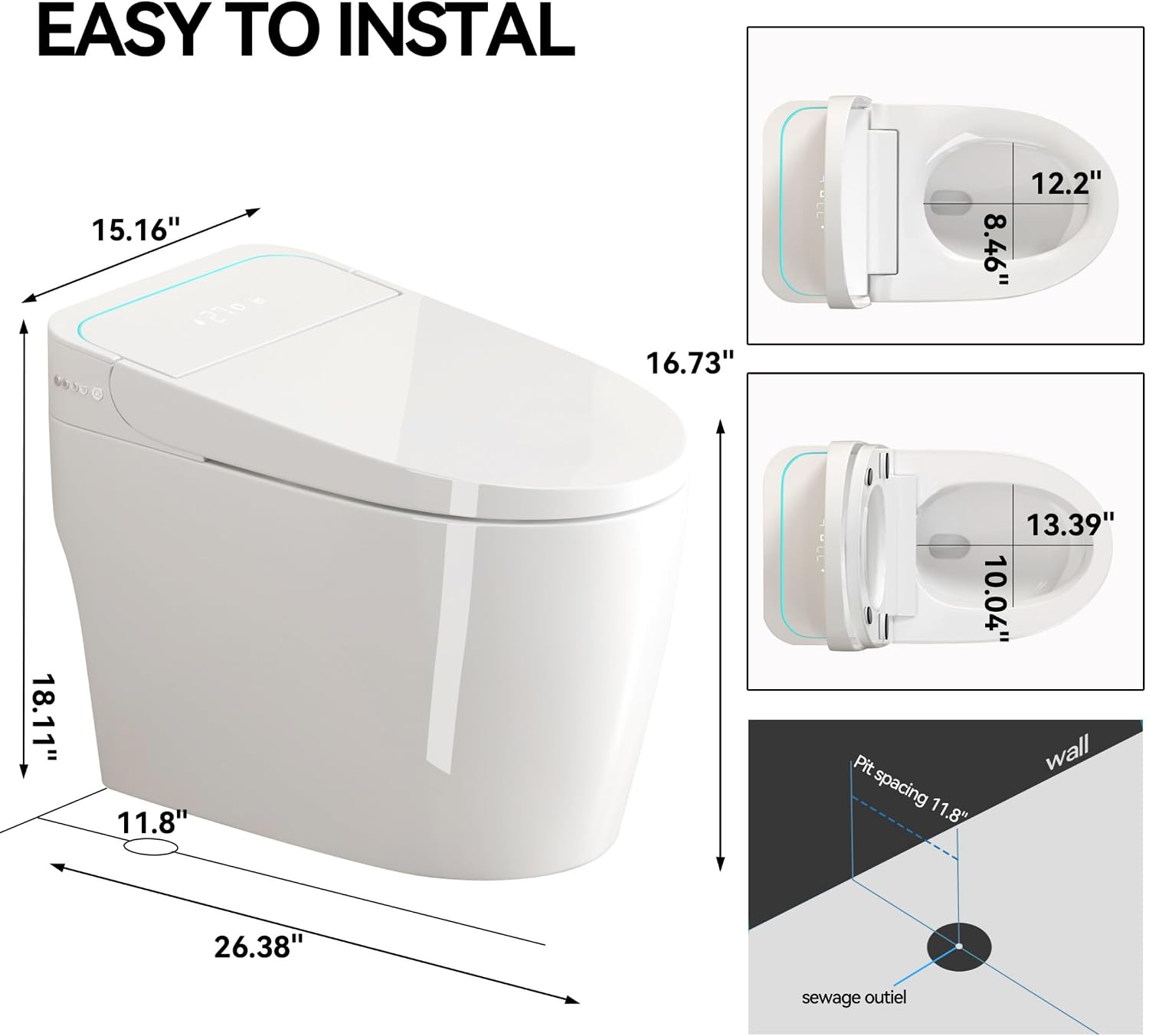 One Piece Toilet,Smart Toilet with Bidet Built In,Ceramic Toilet with Dryer and Warm Water, Intelligent Toilet Auto Open/Close Seat,Heated Seat,White