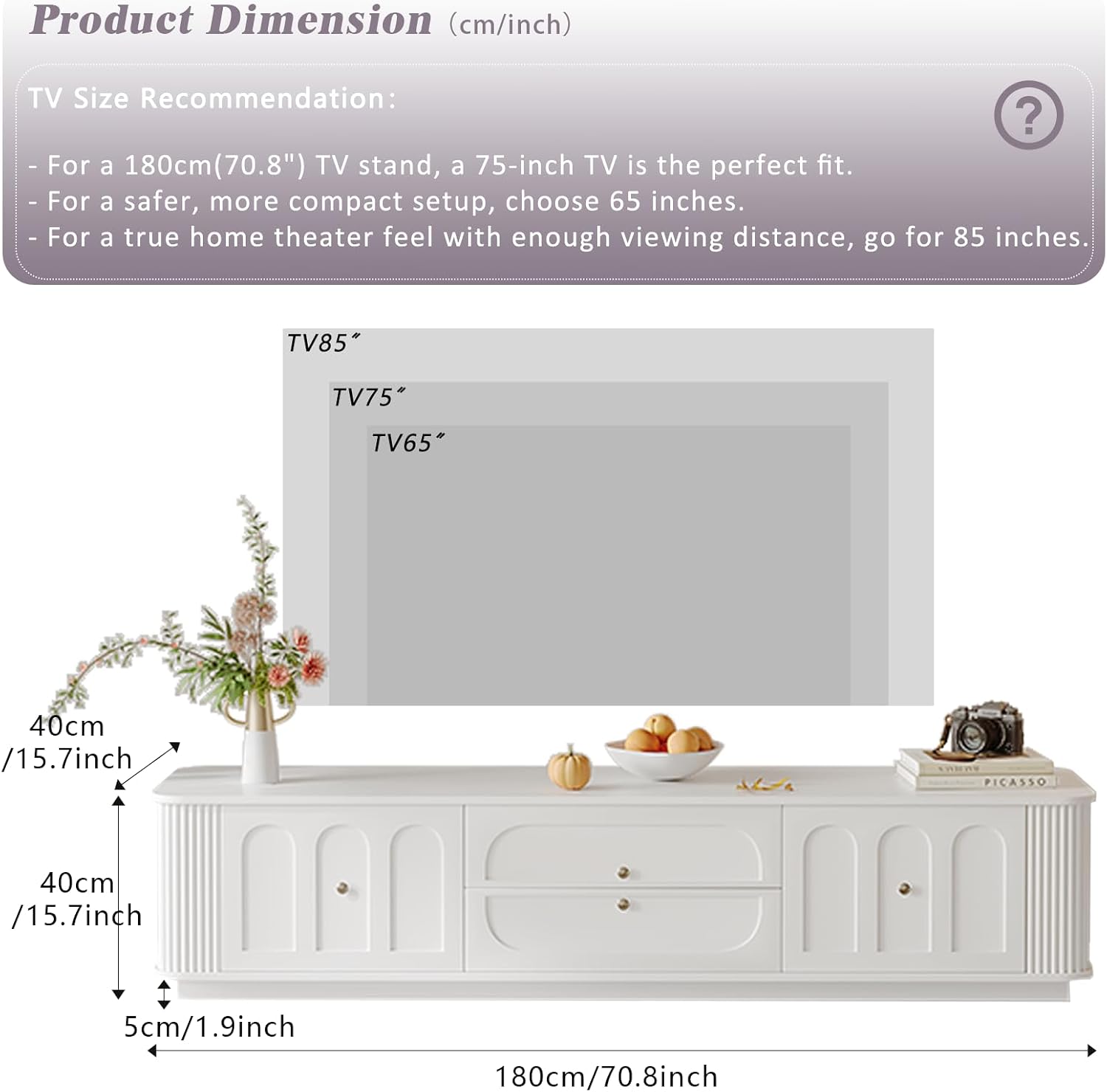 Modern TV Stand with Storage, Minimalist Entertainment Center with 3 Drawers & Flip-Up Door & Shelves for 55/65/75/85 Inch TVs for Living Room & Bedroom, White (Style2)