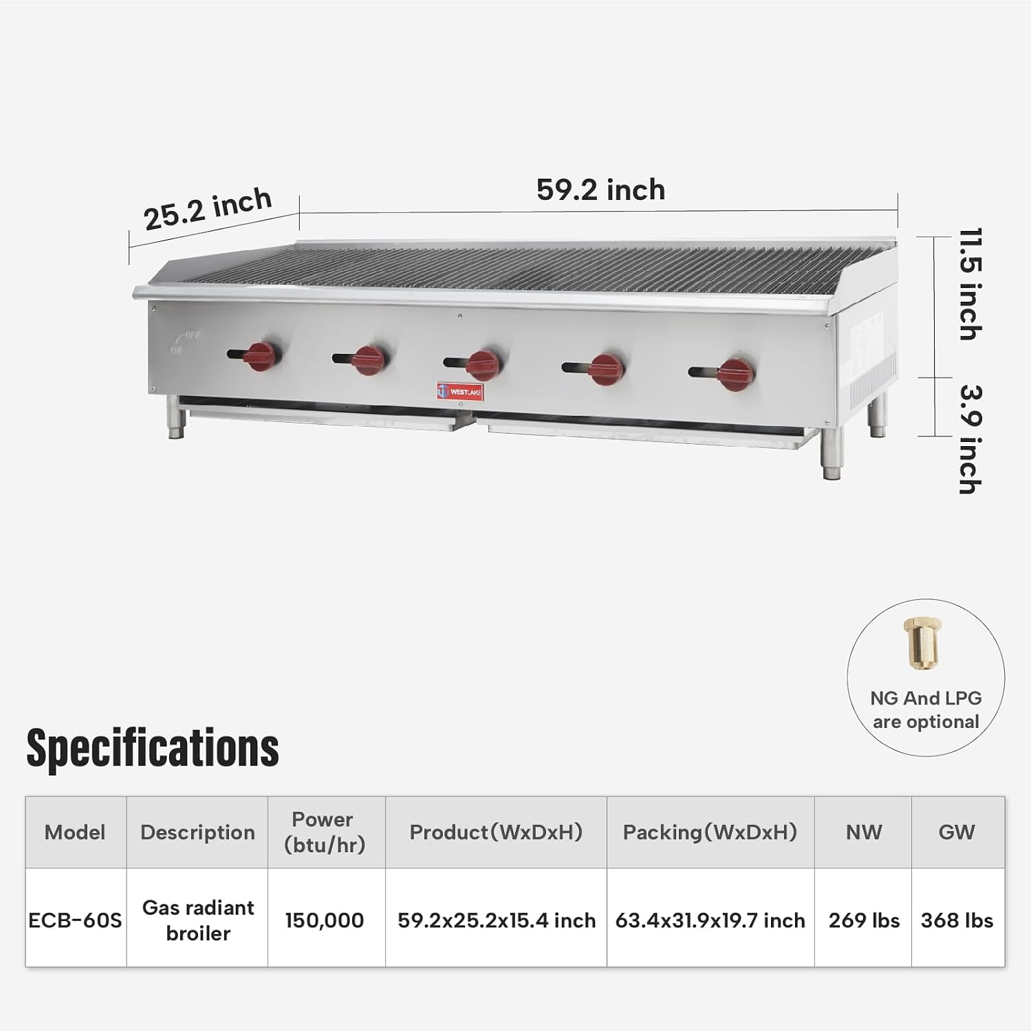 WESTLAKE 60'W Commercial Charbroiler Gas Countertop 5 Burner Natural Gas and Propane 150,000 BTU Char Broiler Stainless Steel BBQ Stove Grill for Restaurants