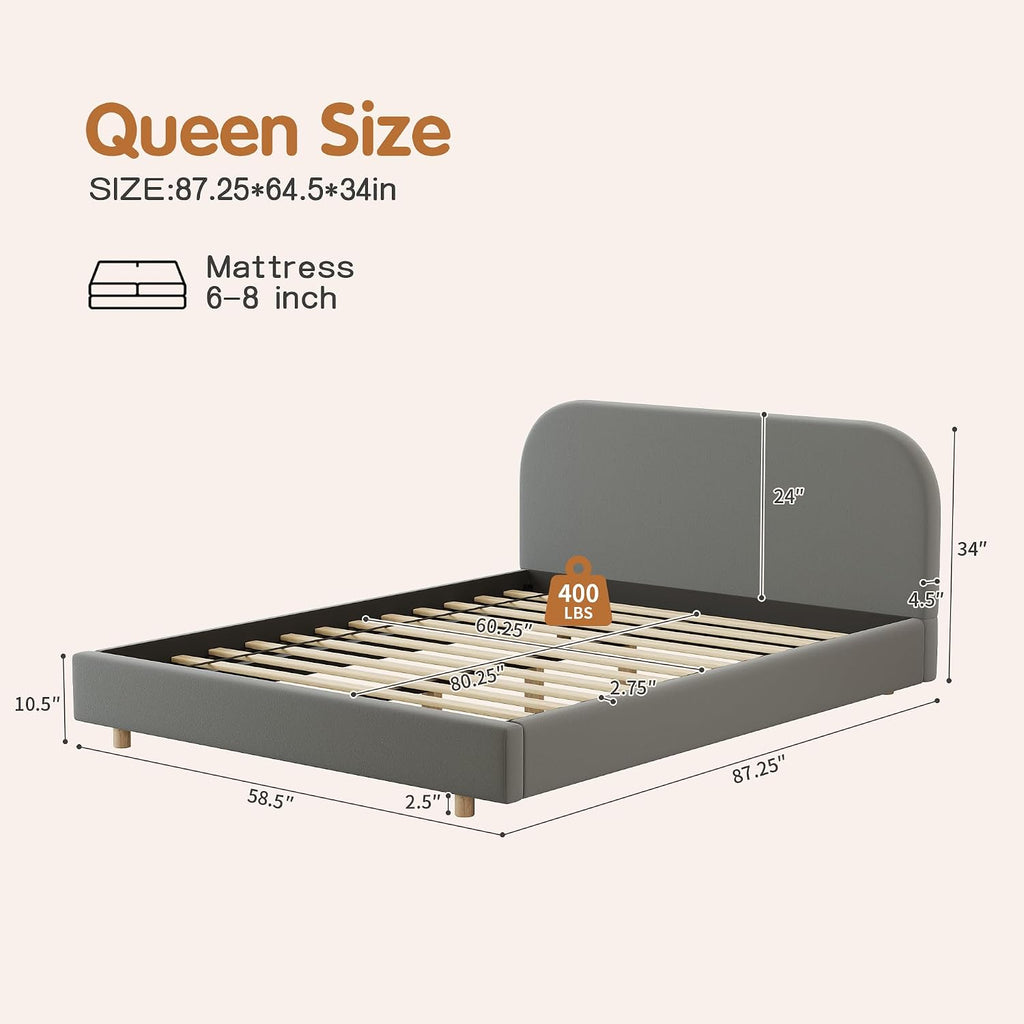 Luxurious Velvet Queen Size Upholstered Platform Bed, Modern Solid Bed Frame with Curve-Shaped Design and Thick Headboard for Bedroom, Easy 15-30 min Assembly,Grey