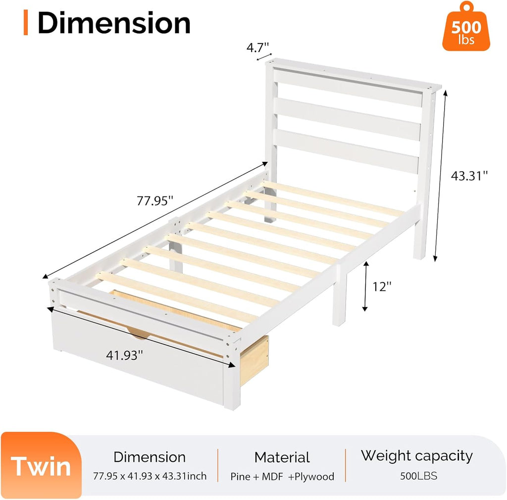 Bonnlo Solid Wood Twin Bed Frames with Headboard Shelf Storage,LED Lights,Charging Station, Platform Bed with Drawer,Easy Assembly,White