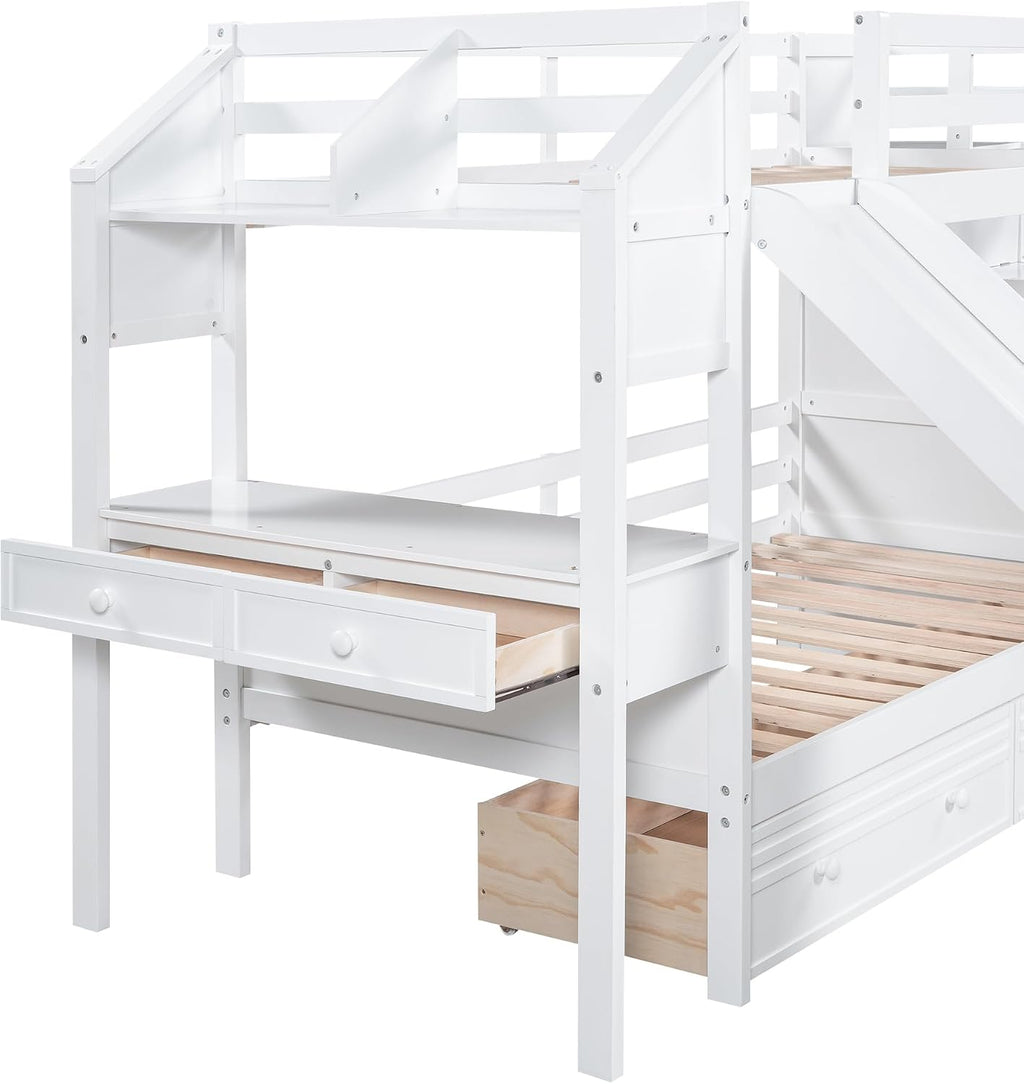 Merax Twin Over Twin Bunk Bed with Storage Staircase & Desk, Wood Bedframe with 2 Pull Out Drawers,Sturdy Bedroom Furniture Set for Boys Girls Teens (White)