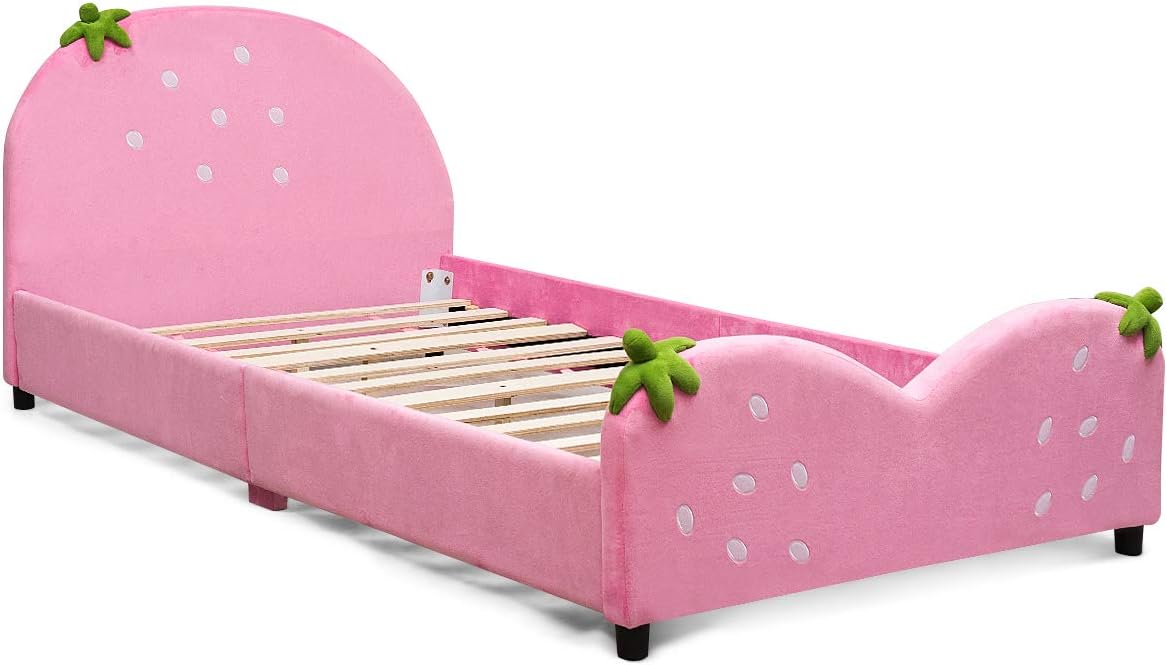 Costzon Twin Bed Frames for Kids, Wood Upholstered Twin Bed Platform with Slat Support, Padded Headboard&Footboard, No Box Spring Needed, Easy Assembly, Fits Standard Twin Mattress (Strawberry)