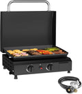 SKOK 2 Burner Gas Griddle with Hood- 17 Inch Outdoor Propane Griddle-30000 BTU Propane Fuelled, Portable Flat Top Gas Grill Camping Griddle with Lid for Kitchen, Outdoor BBQ