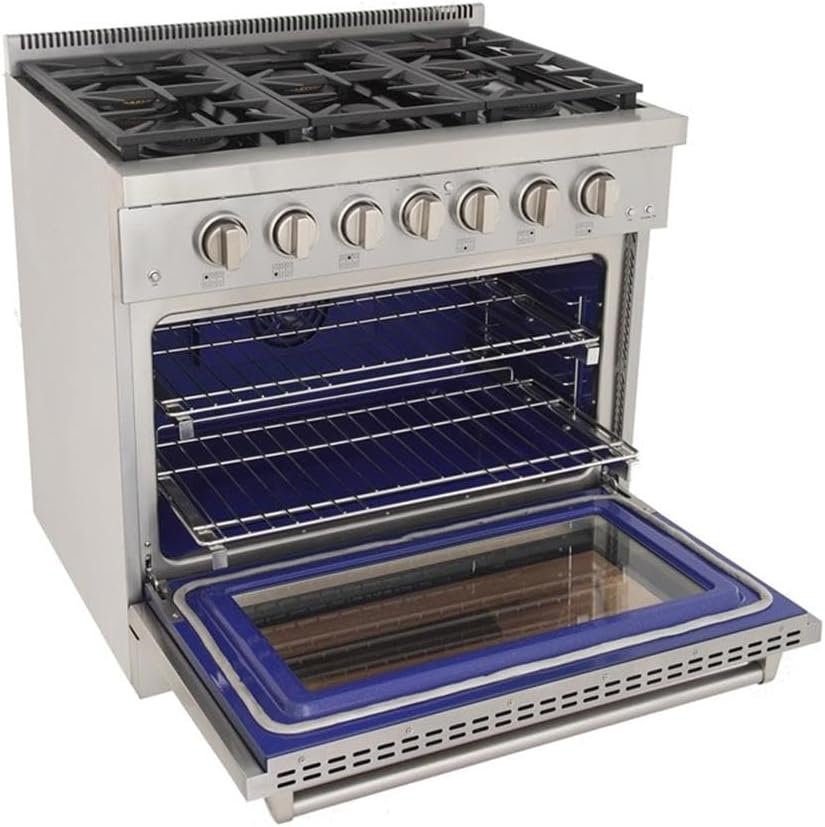 Pemberly Row 36' Propane Gas Range, Stainless Steel Finish, 6 Sealed Burners, True Simmer Burners, Reversible Grill/Griddle, Convection Oven, Infrared Broiler Residential Kitchen Cooking Appliance