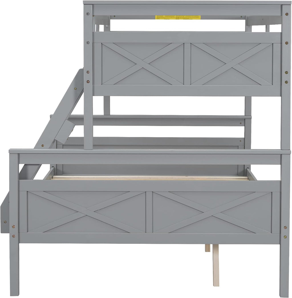Merax Wood Bunk Bed,Twin Over Full Bunk Beds with Ladder,Safety Guardrail,Can be Separated into 2 Platform Beds,Perfect for Bedroom Kids Adults,Gray