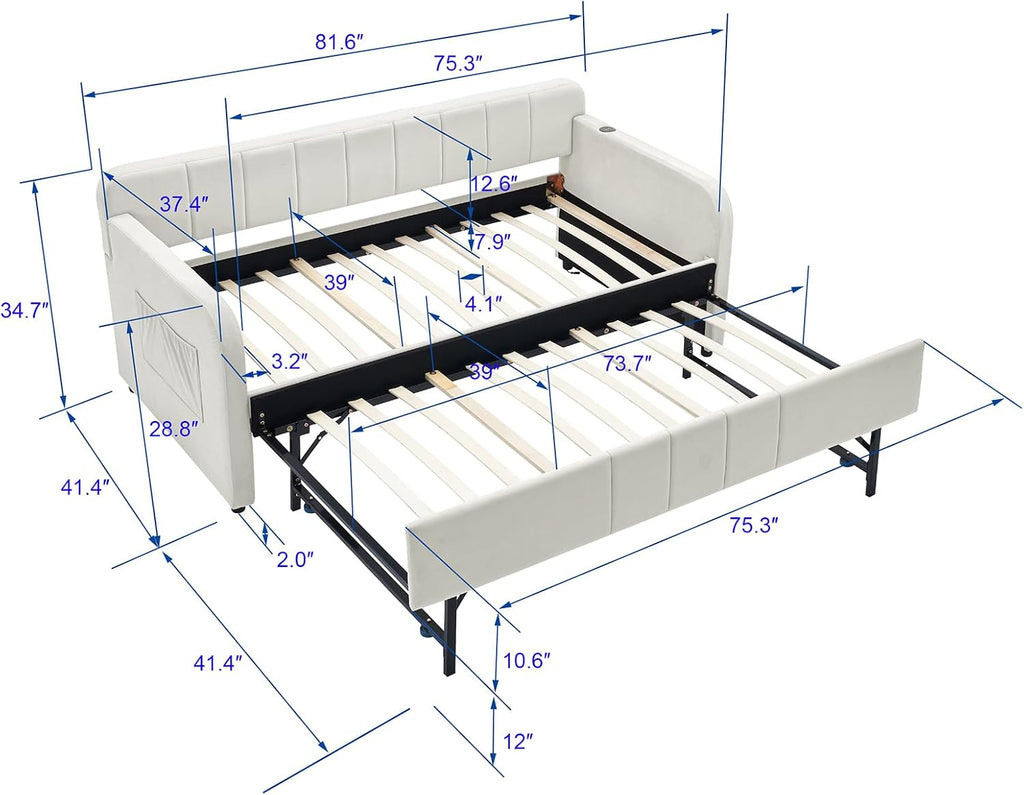 Deolme Twin to King Daybed with Trundle, USB Ports, Velvet Upholstered Daybed with Pop Up Trundle Bed, Modern Extendable Day Bed Frame for Kid Adult Bedroom Living Room Guest Room Small Places Beige