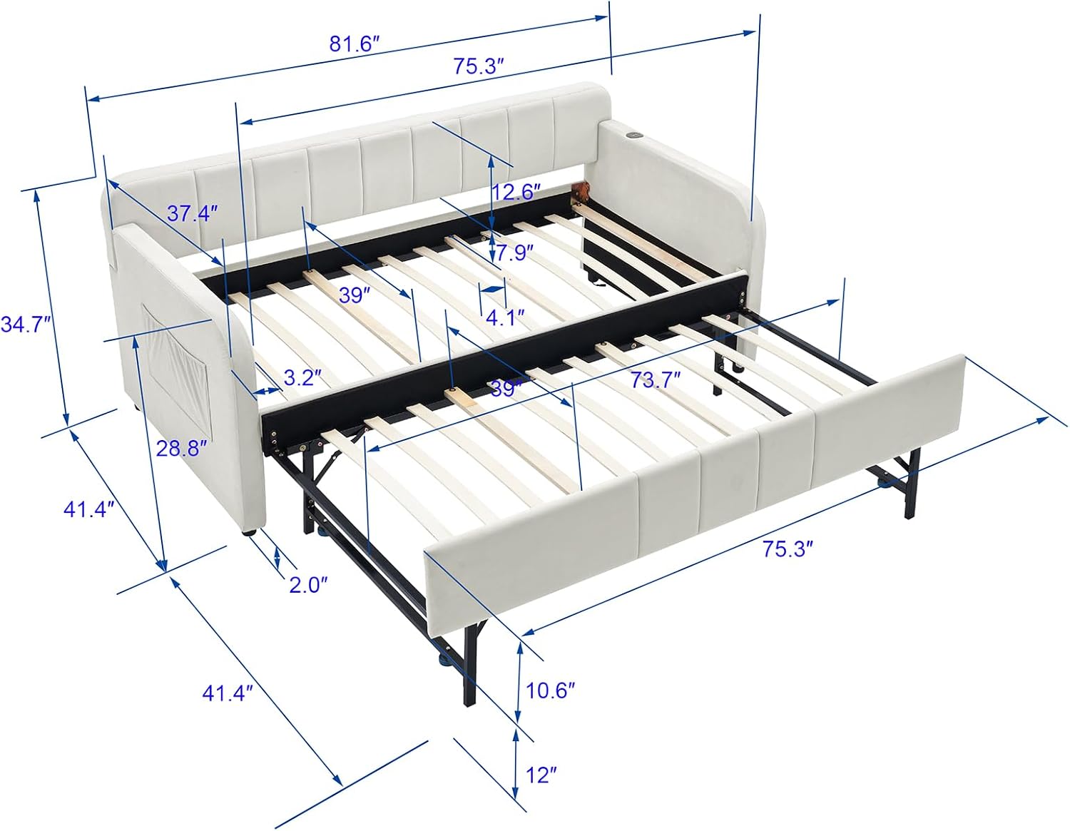 Deolme Twin to King Daybed with Trundle, USB Ports, Velvet Upholstered Daybed with Pop Up Trundle Bed, Modern Extendable Day Bed Frame for Kid Adult Bedroom Living Room Guest Room Small Places Beige