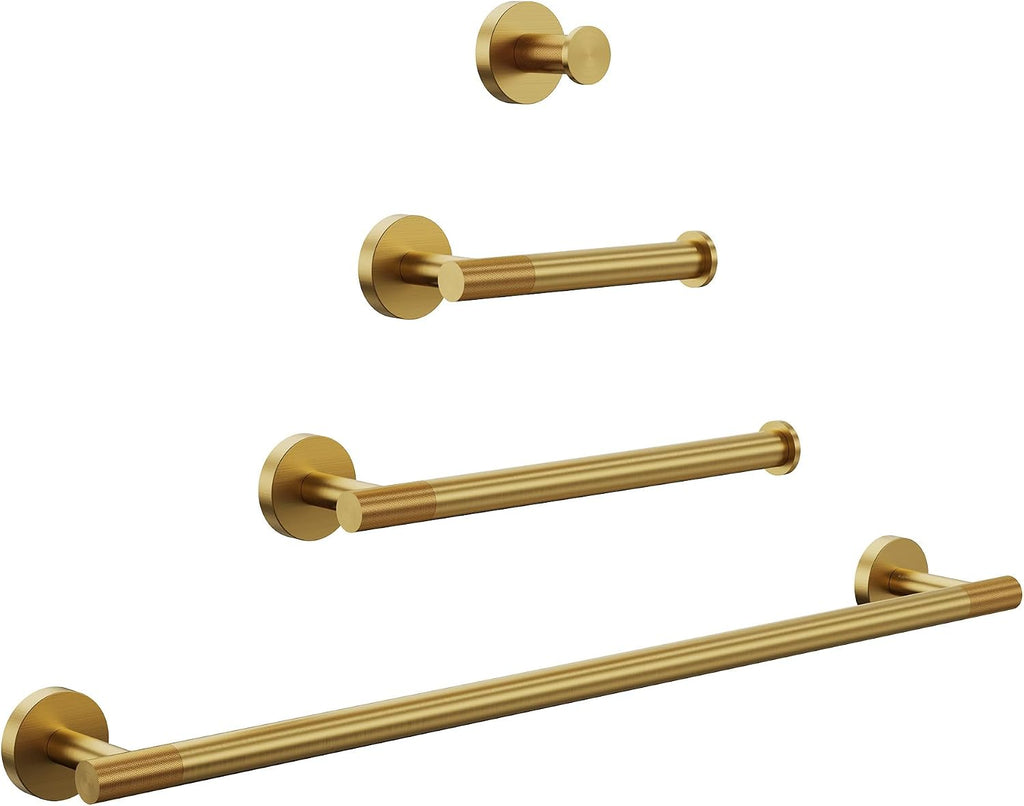 Brushed Gold Bathroom Hardware Accessories Set, Knurled SUS304 Stainless Steel Kit, Towel Bar, Ring, Robe Hook, Paper Holder, Wall Mounted