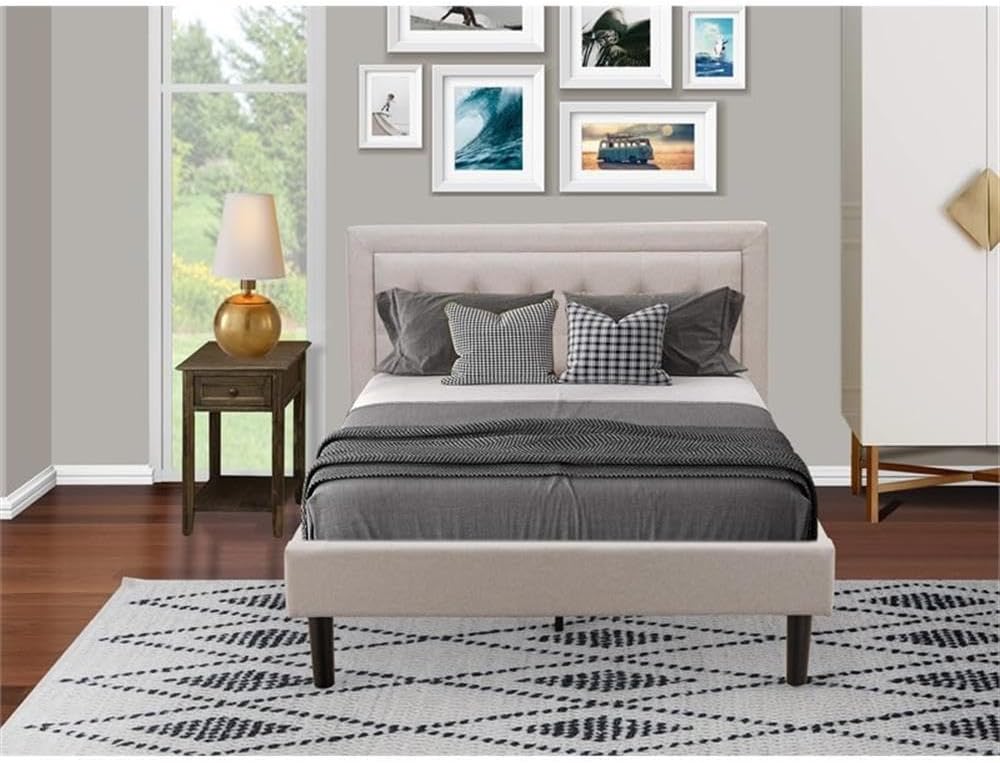 East West Furniture FN08F-1DE07 2-Piece Fannin Bedroom Furniture Set with 1 Full Bed Frame and a Bedroom Nightstand - Reliable and Sturdy Construction - Mist Beige Linen Fabric