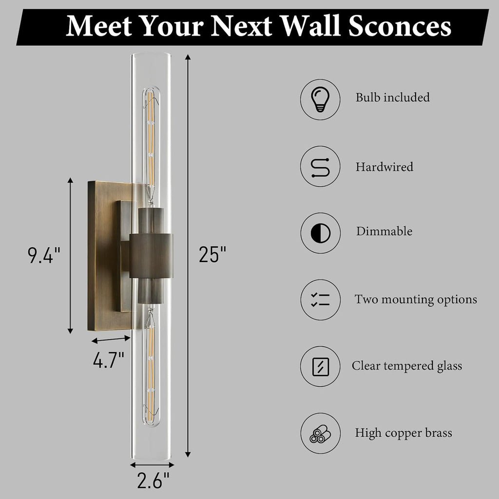 Linear Brass Bathroom Wall Sconce - Luxury Antique Brushed Gold Sconces Set of 2 - Dimmable Vanity Lights Fixture with Clear Glass Tube - Modern Lighting for Bedroom Living Room Hallway Indoor Decor