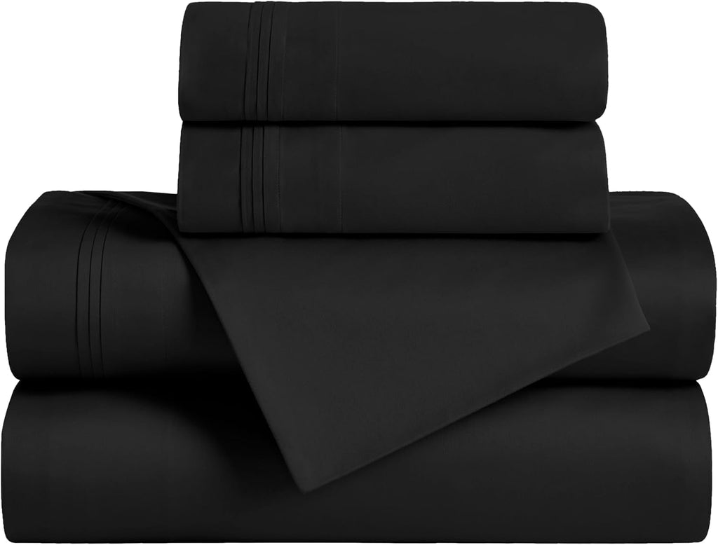 Superior Egyptian Cotton 4 Piece Sheet Set, 650 Thread Count, Eco-Friendly, Sustainable Sheets, Ultra-Soft Basics, Solid, Deep Pocket Fitted Sheet, Flat Sheet, Pillowcases, Full, Black