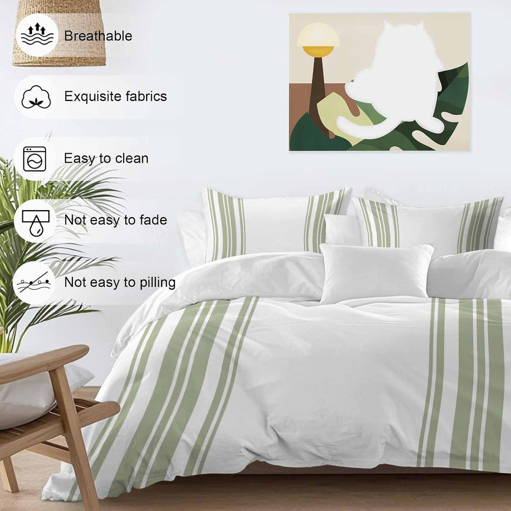 Sage Green and White Striped Duvet Cover Set Queen Size 4 Pieces Modern Minimalist Vertical Lines Bedding Set with Zipper Closure, 1 Comforter Cover 92x106 Inches 1 Flat Sheet & 2 Pillow Cases