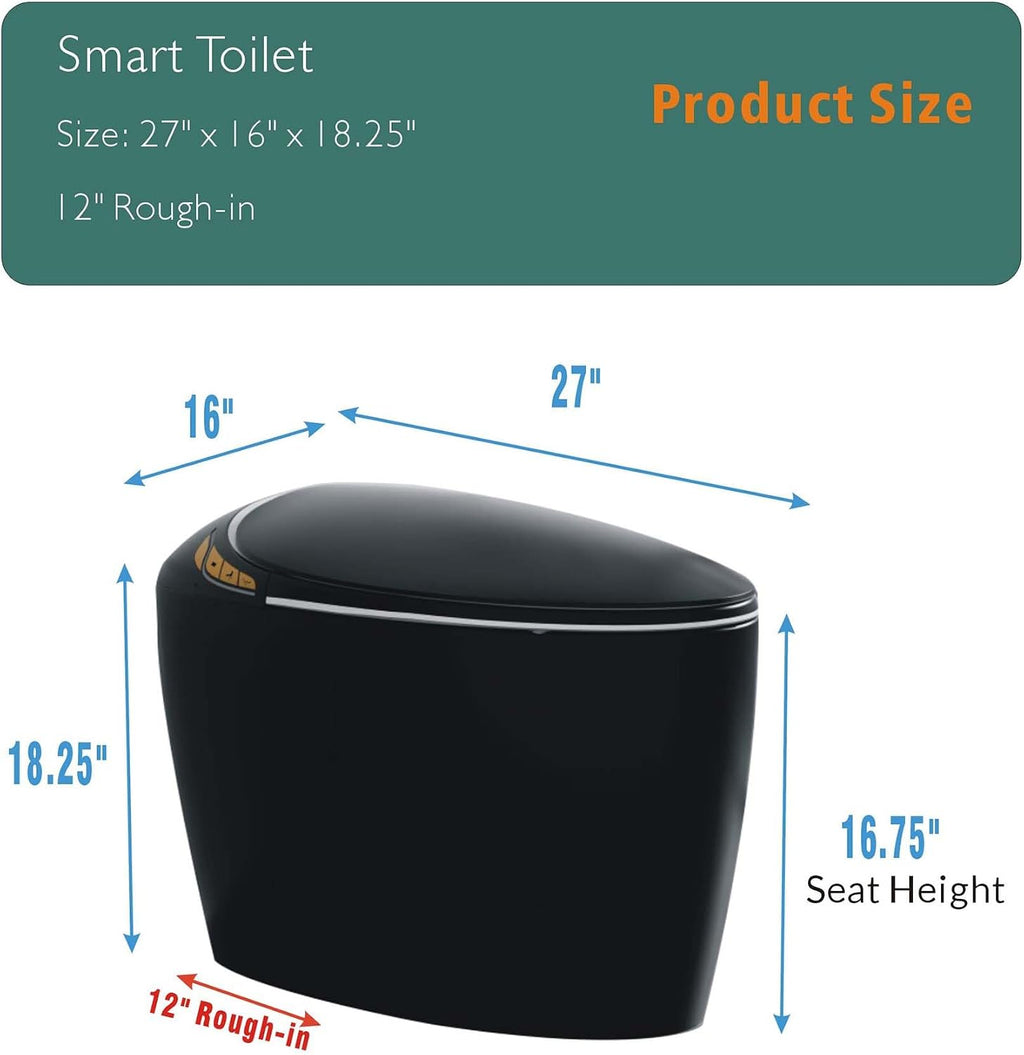 Black Smart Toilet with Bidet Built In, Luxury Elongated Electric Toilet with Heated Seat&Foot Sensor, 1.28 GPF Dual Flush, Auto Open/Close Seat, Warm Water&Dryer, Multiple Washing Modes (Black)