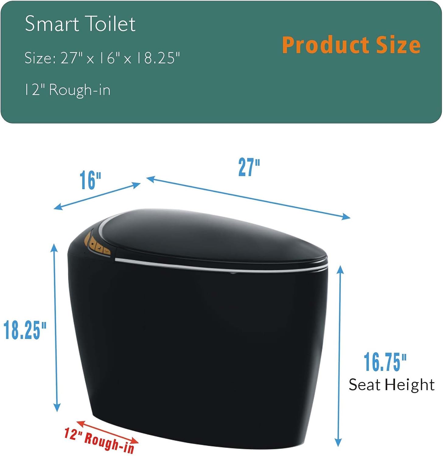 Black Smart Toilet with Bidet Built In, Luxury Elongated Electric Toilet with Heated Seat&Foot Sensor, 1.28 GPF Dual Flush, Auto Open/Close Seat, Warm Water&Dryer, Multiple Washing Modes (Black)