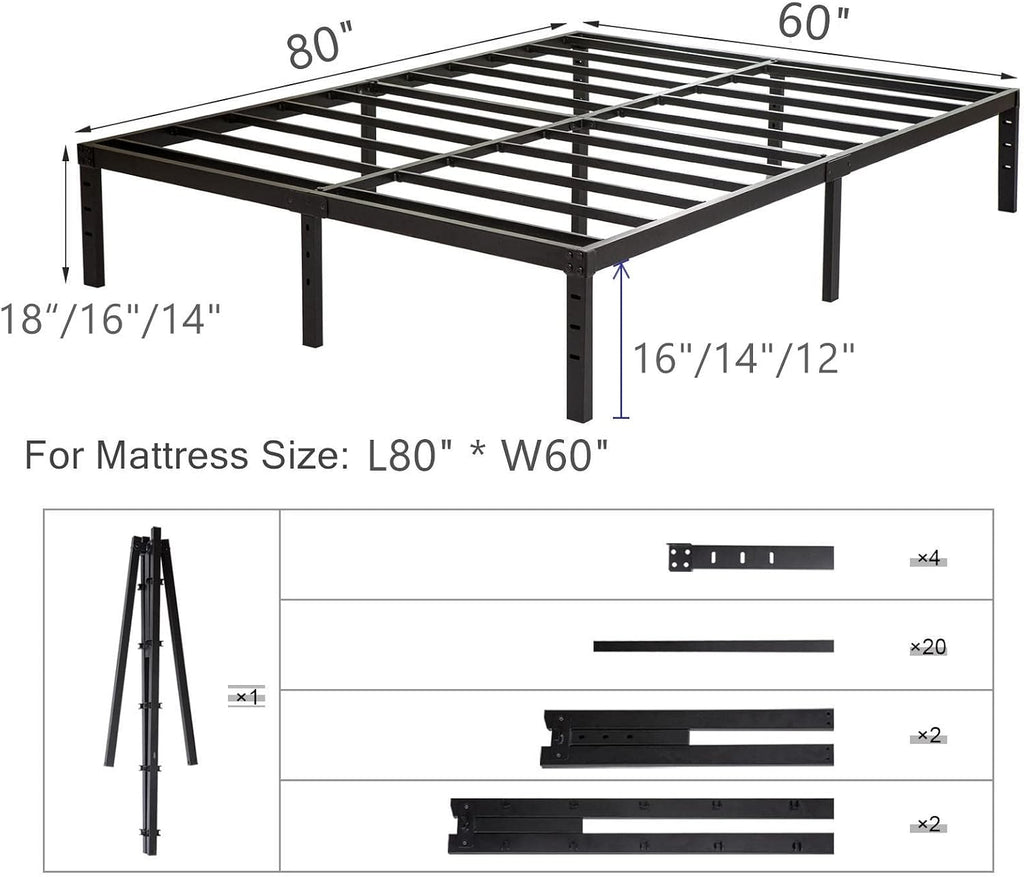 Wulanos Queen Size Bed Frame with Steel Slats Support, Sturdy and Durable, No Box Spring Needed, 16 Inch High 3500lbs Heavy Duty Metal Platform Frames with Storage, Noise-Free, Black
