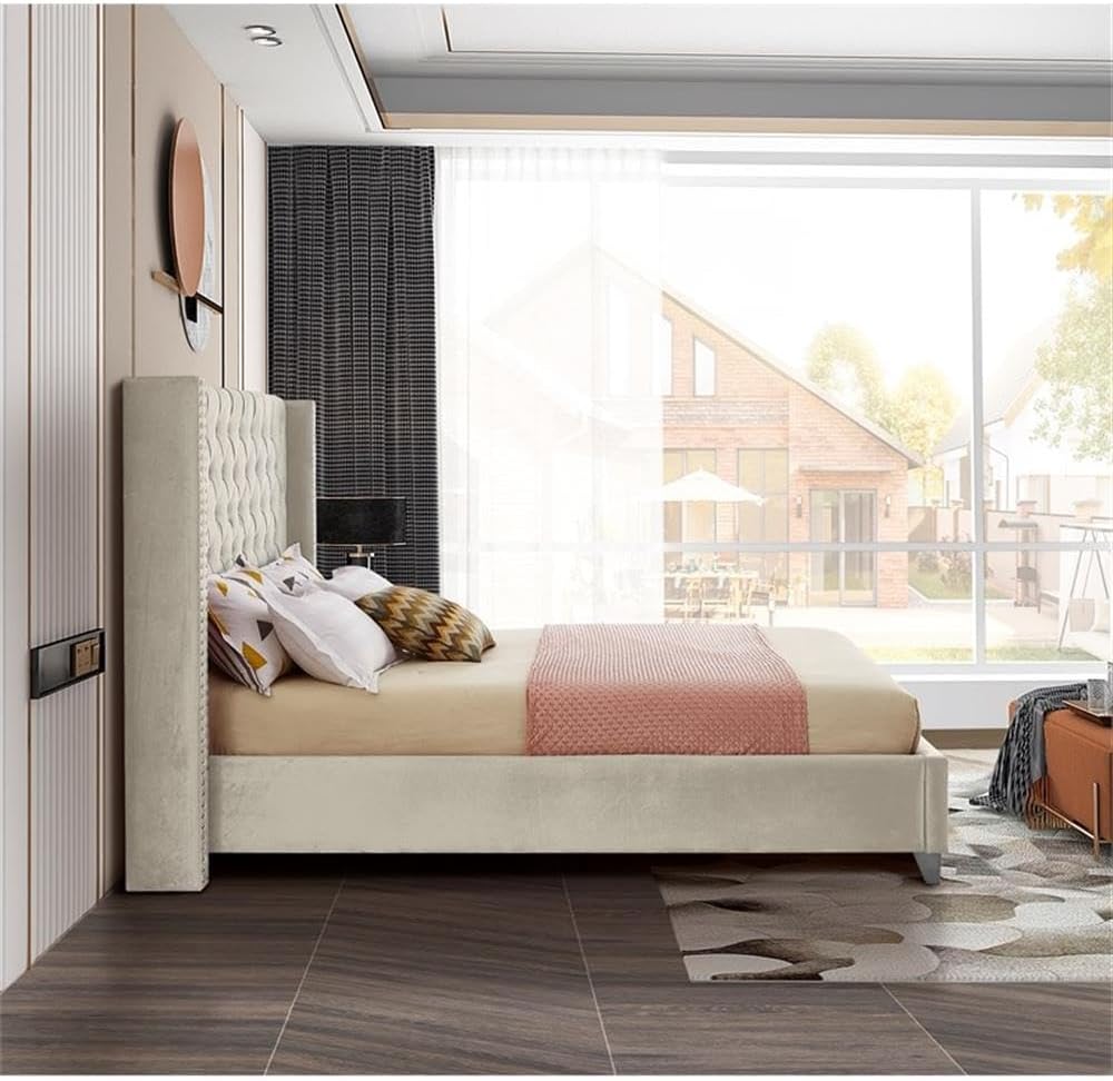 Meridian Furniture Aiden Collection Modern | Contemporary Velvet Upholstered Bed with Deep Button Tufting, Solid Wood Frame, and Custom Chrome Legs, Queen, Cream
