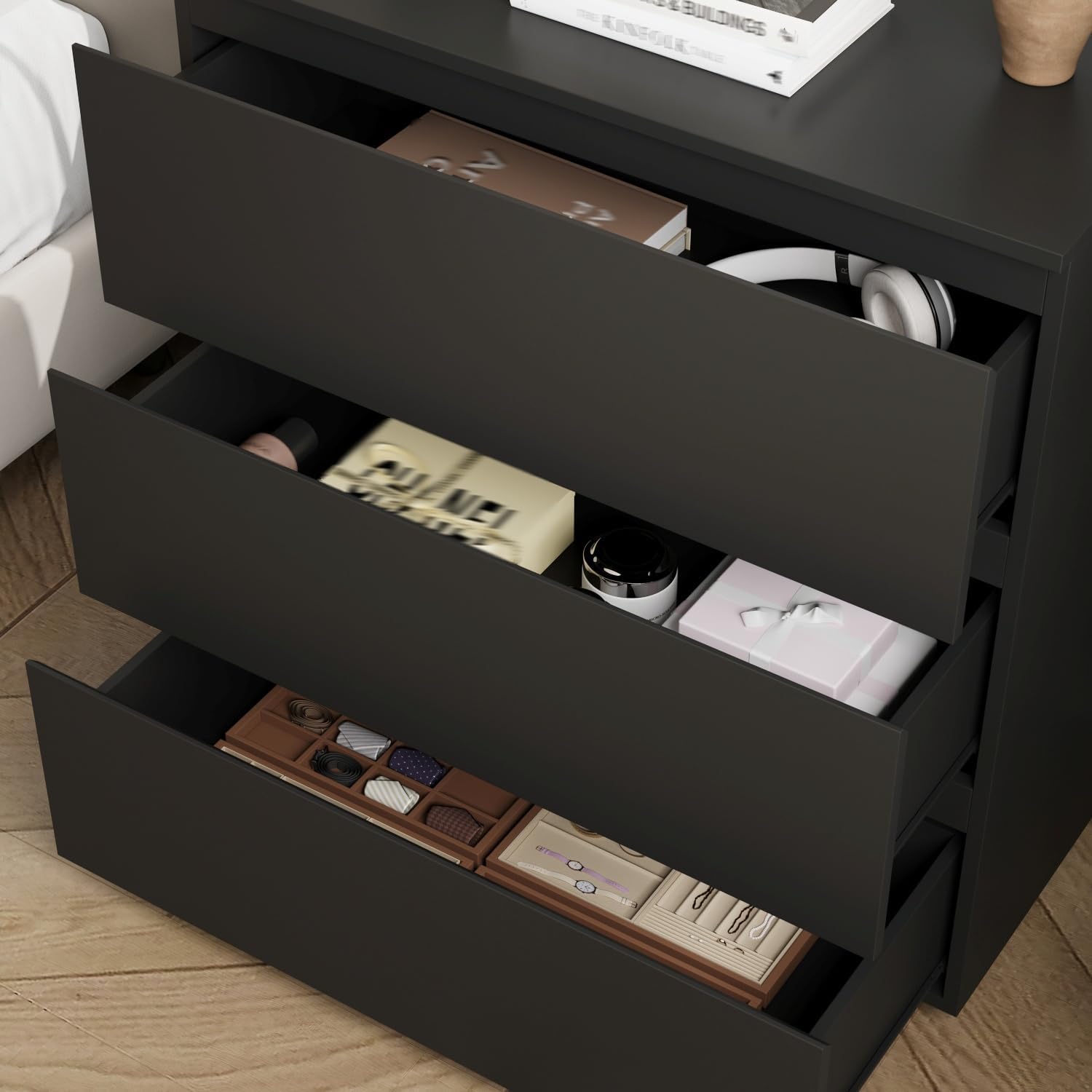 Bed Side Tables Bedroom Set of 2, Mid Century Modern Night Stand with Drawers for Bedroom, 30.3'W Bedside Tables with Drawers and Concealed Handle, Bedside End Tables for Living Room, Black