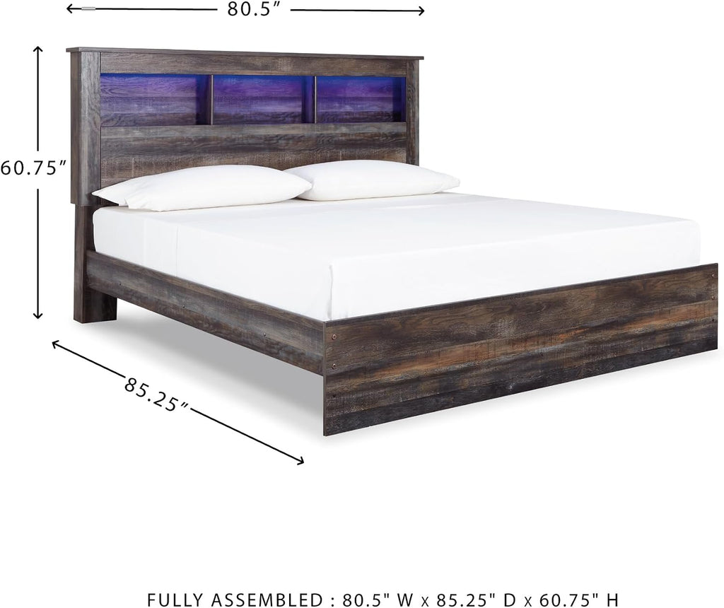 Signature Design by Ashley Drystan Rustic King Bookcase Bed with Open Cubbies and LED Lights, Foundation or Box Spring Needed, Dark Brown & Gray