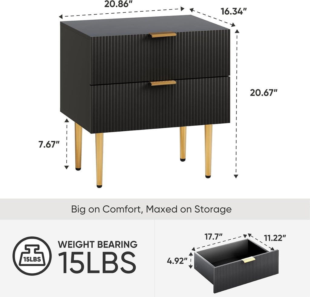 Smart FENDEE Set of 2 Nightstand, Black Mid Century Modern Night Stand with Fluted Panel, Bedside Table with 2 Drawer, Large NightStand with Gold Leg for Bedroom