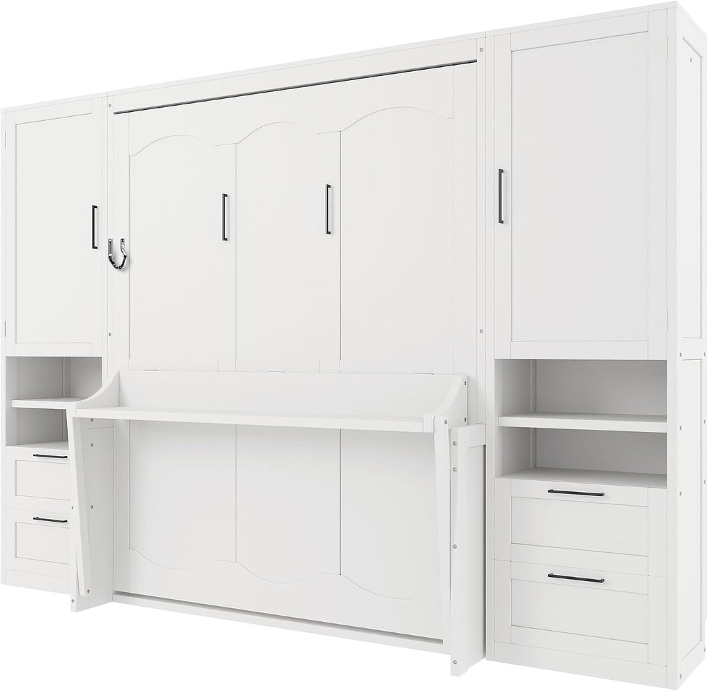 Merax Queen Size Murphy Bed with Desk, Multifunctional Foldable Wall Bed with Closet, Drawers and Shelves, Space-Saving Wood Platform Bed Frame for Small Spaces Studio Study Office Guest Room, White